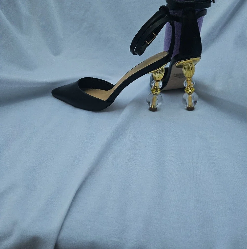 Shoe Dazzle Black Pointed-Toe Ankle-Strap Heels with Gold Sculpted Accent Heel